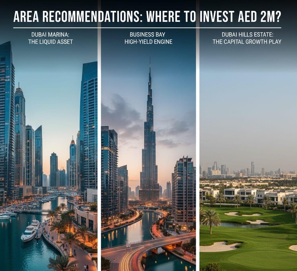 Collage showing three prime Dubai investment areas the luxurious Dubai Marina waterfront with skyscrapers, the modern Business Bay with the Burj Khalifa in the background, and the serene, green landscape of Dubai Hills Estate with villas and a golf course.